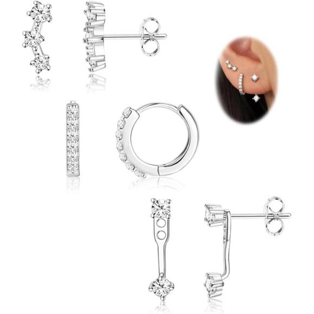 3 Pairs Sterling Silver Cubic Zirconia Stud and Hoop Earring Set Sensitive